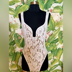 ROBIN PICCONE Sz 6 Nude Illusion White Terrycloth Lace & Tan Swimsuit / Bodysuit